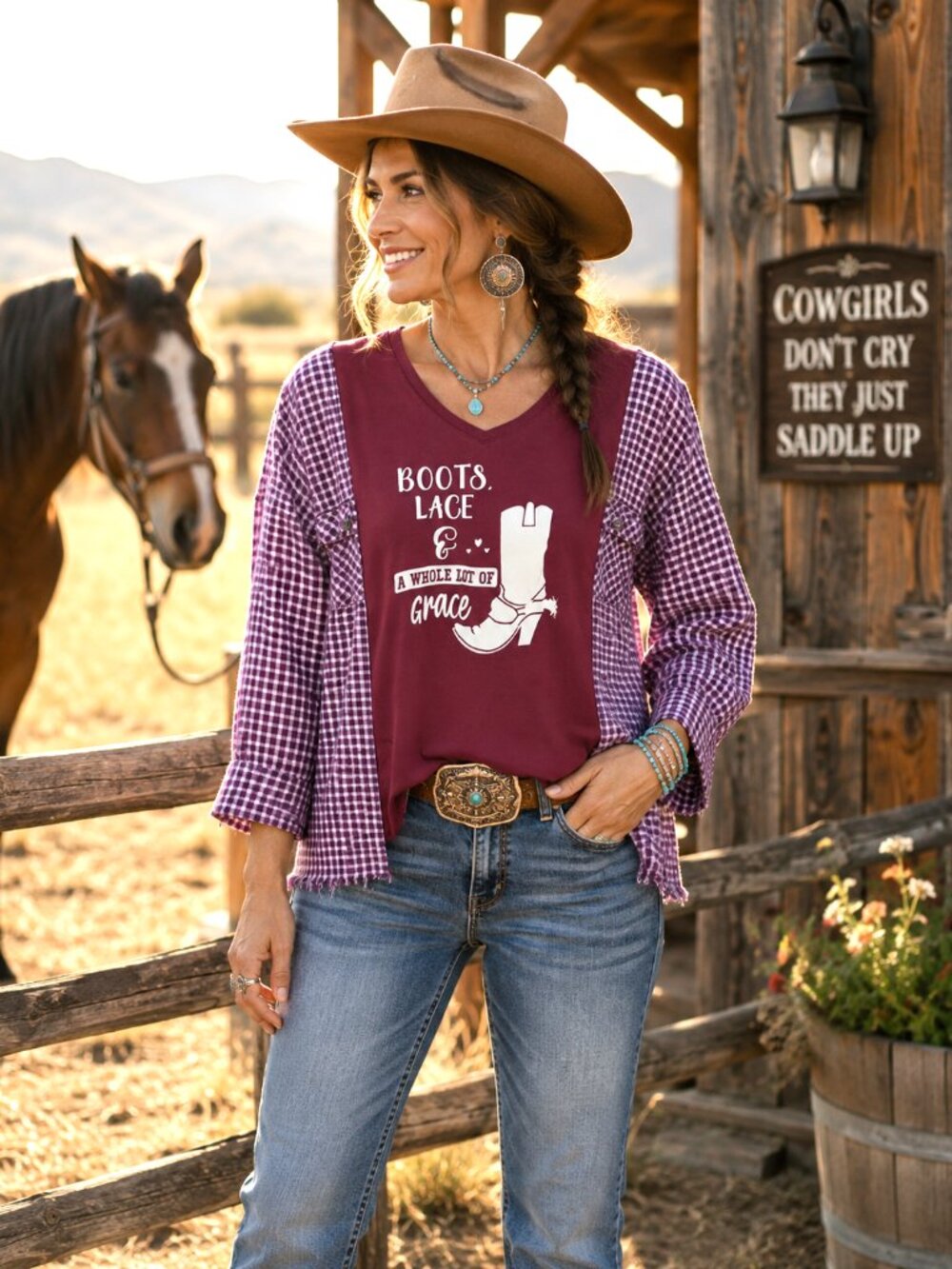 Upcycled Flannel Shirt Reworked Cowgirl Boot Graphic Magenta Tee Size M - L